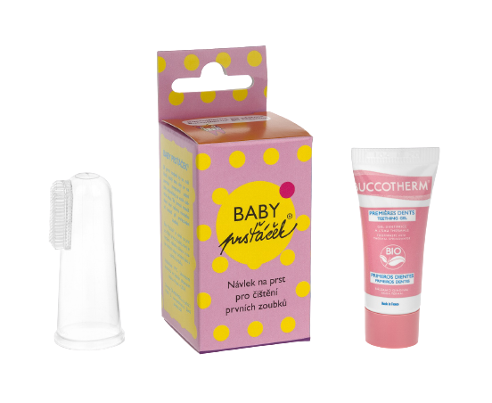 Átlátszó tisztító ujjacska gyermekeknek + ajándék 8 ml-es Buccotherm BIO gyermek masszázs gél