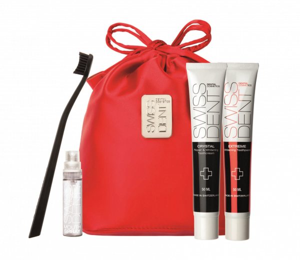 SWISSDENT ajándékcsomag elegáns, piros, szatén ajándéktáskában