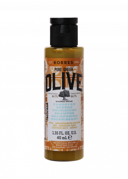 KORRES Shampoo Olive Nourishing – tápláló olívaolajos sampon száraz és károsodott hajra, 40 ml