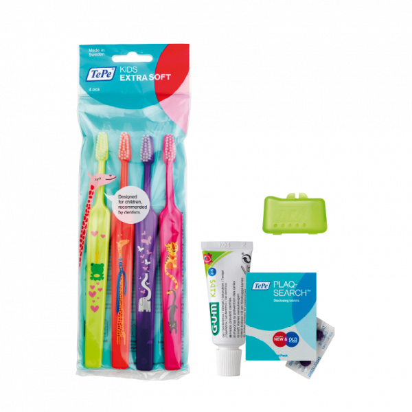 TePe Select Compact Kids x-soft 3+1 + fogkefefej védőkupak + gyermek fogkrém 12ml + TePe PlaqSearch plakkfestő tabletta 2db