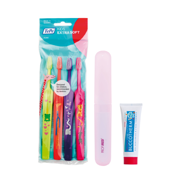TePe Select Compact Kids x-soft 3+1, zacskó + tok + Buccotherm gyermek fogkrém, 8 ml