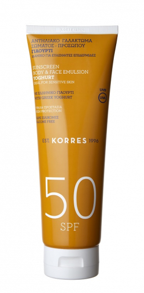 KORRES Yoghurt Sunscreen Face & Body Emulsion SPF 50 – joghurtos naptej arcra és testre, 50 SPF, 250 ml