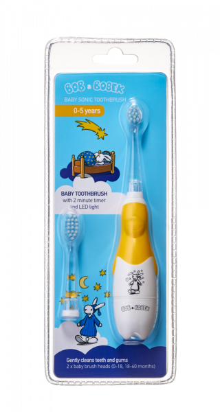 Bob & Bobek szónikus gyerekfogkefe, éjszakai sárga, 0-5 éves korig