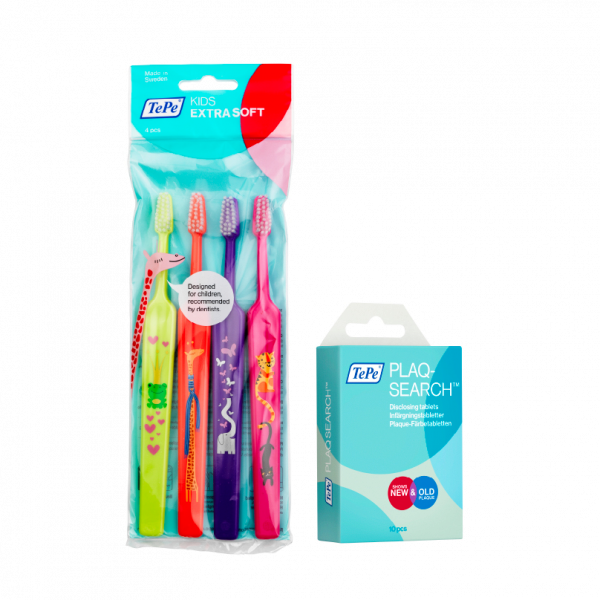 TePe Kids x-soft, 3+1 ingyen + TePe PlaqSearch tabletták, 10 db