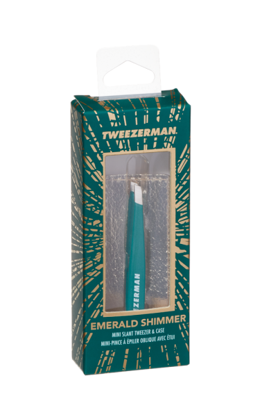 Tweezerman Mini SLANT smaragdzöld csipesz arany tokkal