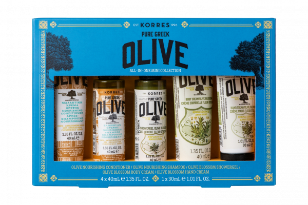 KORRES PURE GREEK OLIVE test- és hajápoló termékcsomag utazó kiszerelésben, 4x 40 ml, 1x 30 ml
