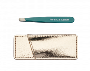 Tweezerman Mini SLANT smaragdzöld csipesz arany tokkal