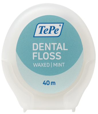 TePe Dental Floss, nyál hatására duzzadó, viaszolt fogselyem menta ízű, 40 m