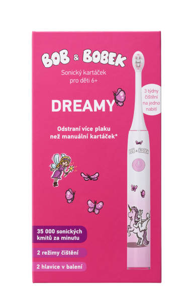 Bob és Bobek DREAMY szónikus fogkefe  gyermekeknek 6+, 35 000 rezgés/perc, 2 cserélhető fej a csomagban